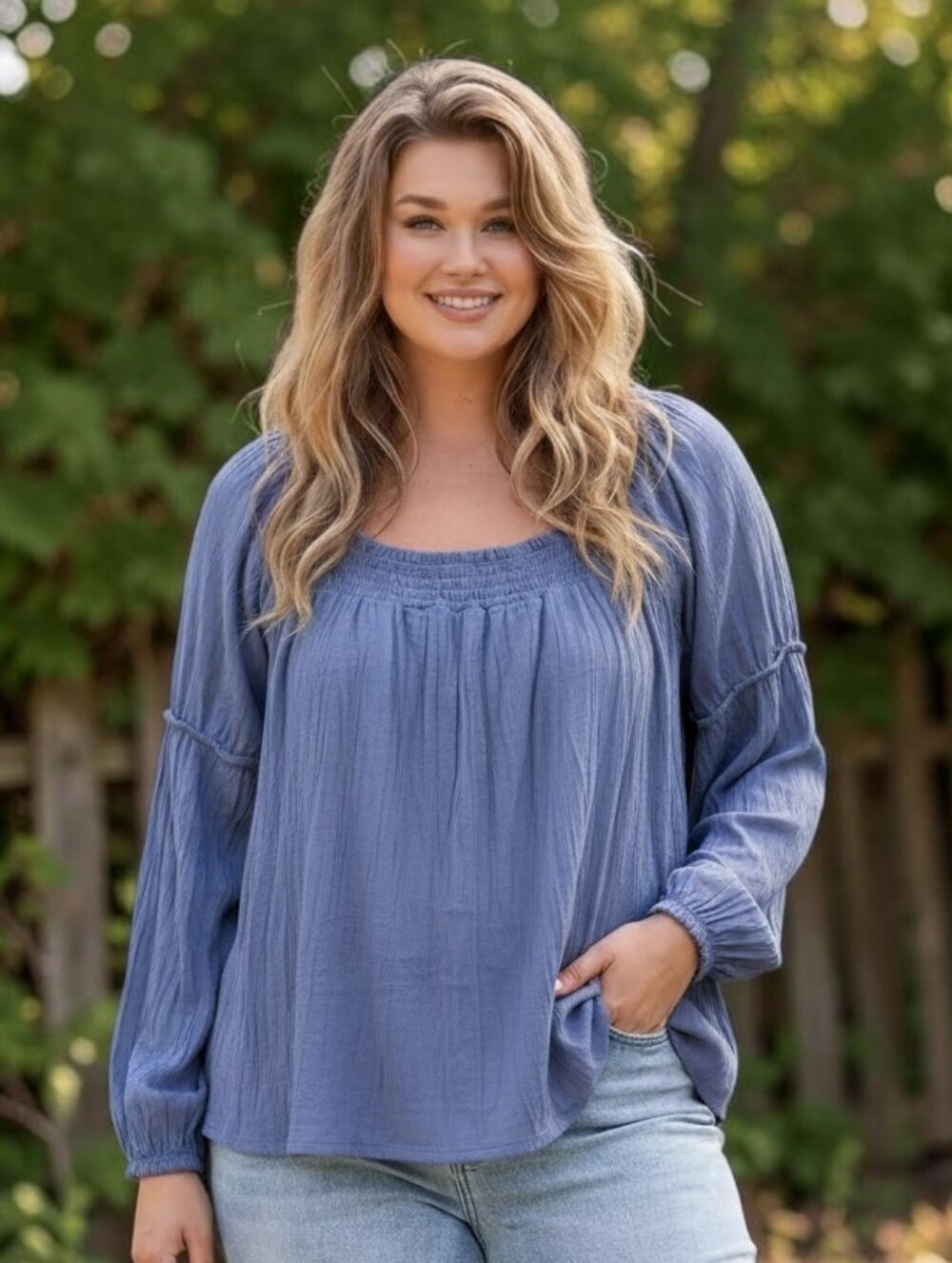 ABSOLUTELY FAMOUS Navy Long-Sleeve Smocked Neck Peasant Top